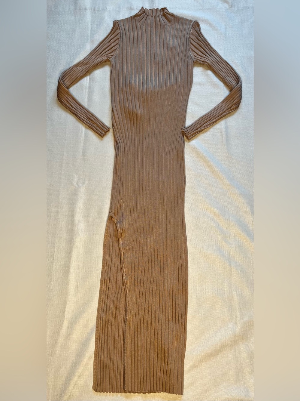 Significant Other Dress Camel Ribbed Knit Mock Neck Long Sleeve Maxi Side Slit